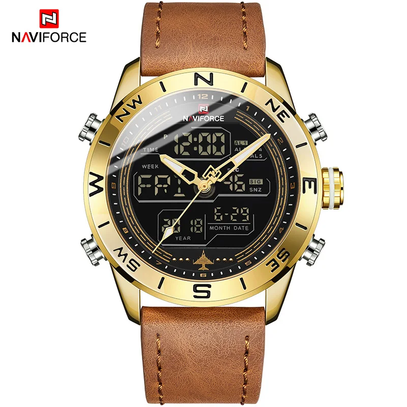 Роскошные Брендовые мужские NAVIFORCE 9144 золотые армейские военные часы светодиодные цифровые кожаные спортивные часы кварцевые мужские часы - Цвет: GGLBN