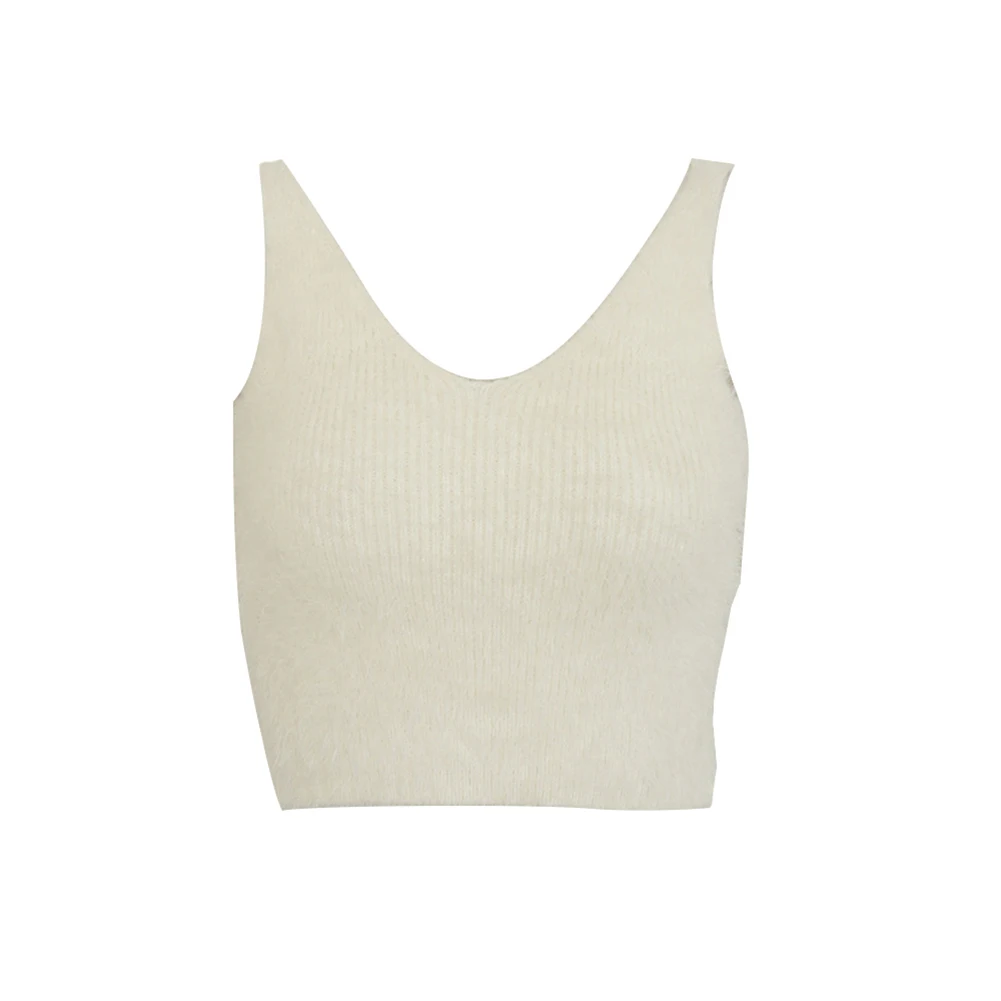 Женская мода без рукавов v-образным вырезом мохер свитер с открытой спиной Повседневный укороченный топ - Цвет: Белый