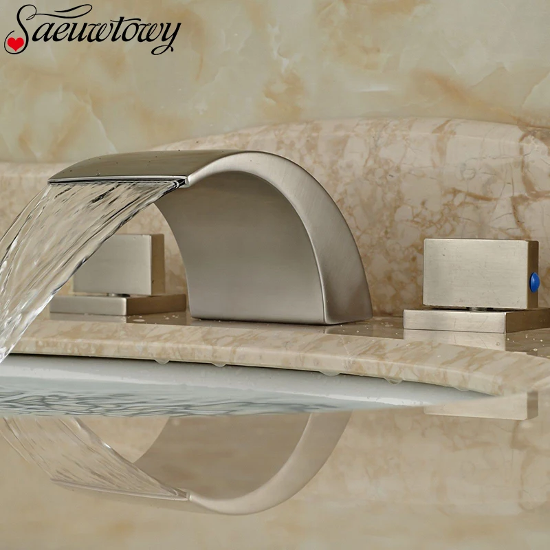 

Waterfall Spout Brushed Nickel Bathroom Faucet Tub Sink Mixer Tap Deck Mounted Basin Faucet