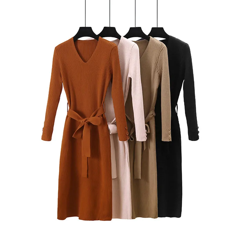 

[Lakysilk] Winter Knitted Sweater Dress For Women Thick Warm Belt Dress Ladies Girls Long Sleeve V-Neck Button Solid Dresses