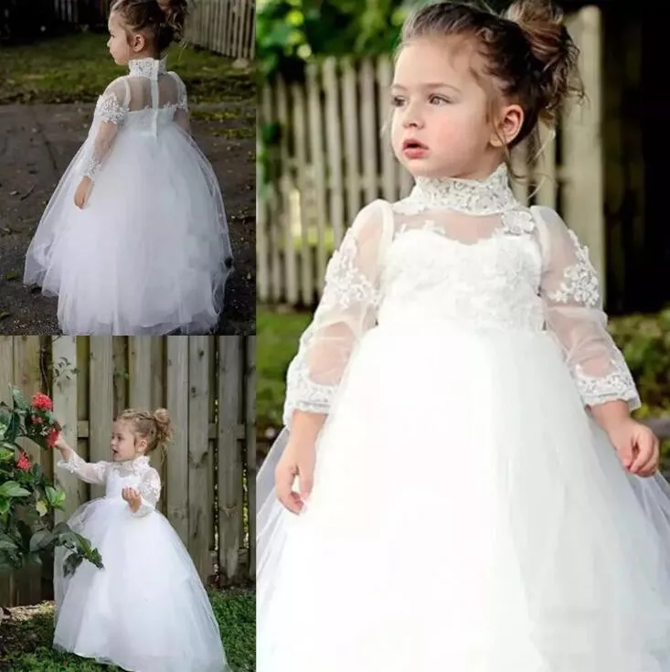 Vintage Witte Bloem Meisje Jurken voor Bruiloften Kant Hoge Hals Lange Mouwen Baby Eerste Communie Toga Size 2-16Y Vintage Witte Bloem Meisje Jurken voor Bruiloften Kant Hoge Hals Lange Mouwen Baby Eerste Communie Toga Size 2-16Y