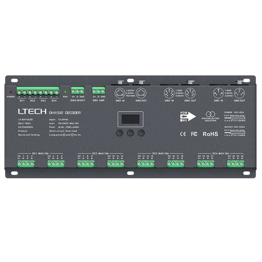 Светодио дный DMX512 декодирующее устройство; 24 канала декодер DMX DC12-24V; 3A* 24CH Max 72A выход светодио дный RGB полосы RGBW светодио дный полосы XLR-3/RJ45 Порты и разъёмы