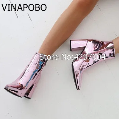 Vinapobo/женские ботильоны розового, серебристого, золотого цвета; ботинки с острым носком на не сужающемся книзу высоком массивном каблуке; зеркальные женские туфли-лодочки; пикантная женская обувь на шпильке