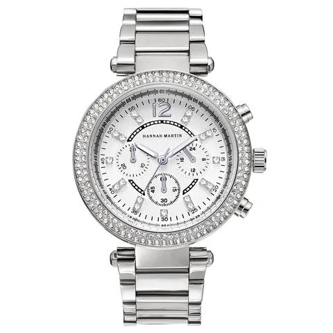 Relógio de Prata Hannah Martin Moda Feminina Pulseira Strass Senhoras Luxo Relógios Quartzo Pulso Relógio Feminino