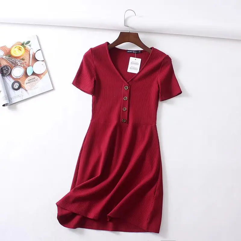 Beach Summer Dress Women Knitted Button V neck Rib Black Red Mini Dress Elegant Kawaii Casual Korean Vestidos