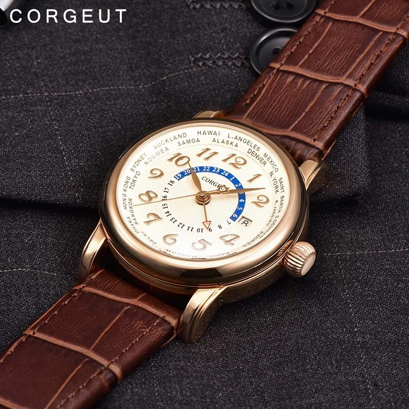 Corgeut الفاخرة العلامة التجارية الميكانيكية ووتش الأزياء جاكيت جلدي المزدوج المنطقة الزمنية بتوقيت جرينتش التلقائية ووتش رجال جلدية الميكاني...