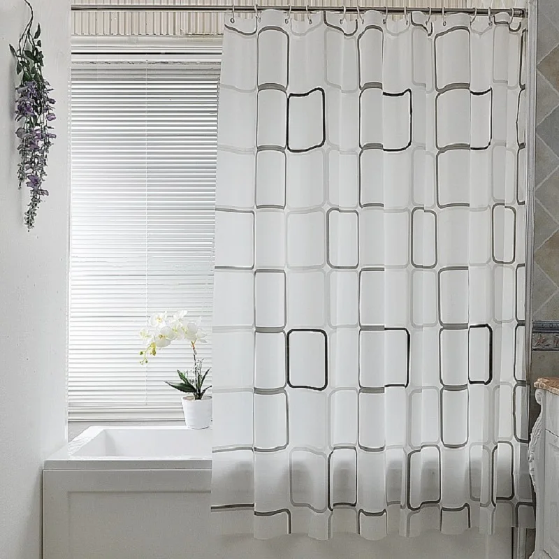

1Pcs PEVA Bathroom Shower Curtains Water Proof Bath Curtain Plaid Pattern Plastic Europe Shower Curtain with Hooks for bathroom