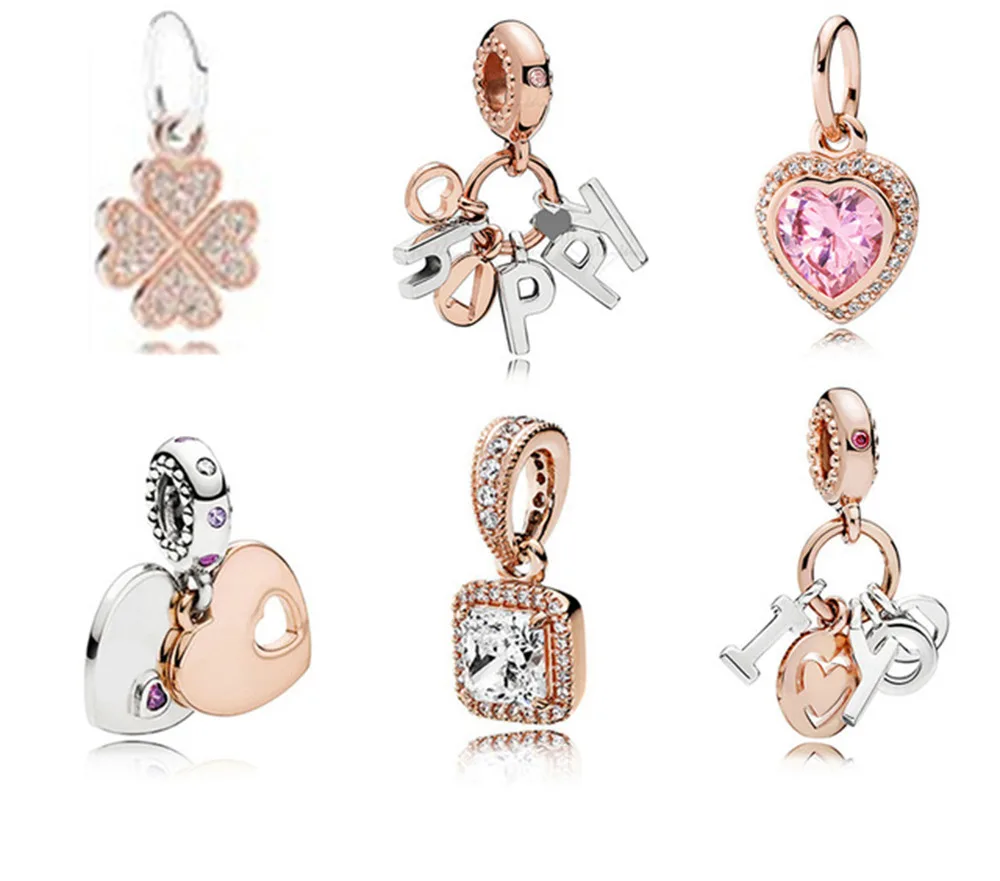 

Kaliyah 100% 925 Sterling Silver 1:1 Genuine Rose Golden Clover Love Geometric Square Love I Love You Original Female Ping