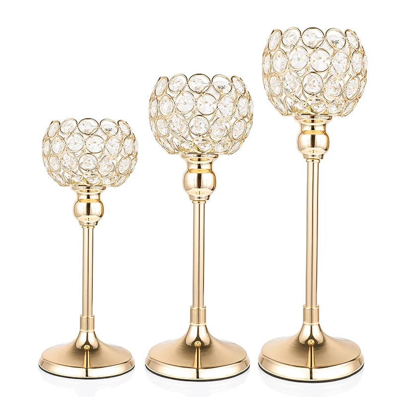 

H&D Set of 3,Gold Crystal Tealight Candle Holders Candlesticks Stand for Wedding Table Centerpieces Father's Day Home Decoration