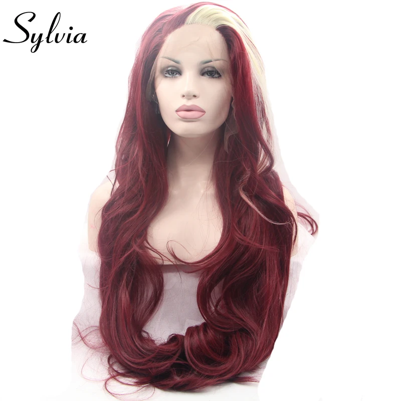 Sylvia Burgundy natural wave synthetic lace front wigs with blonde side bang heat resistant fiber hair for white woman