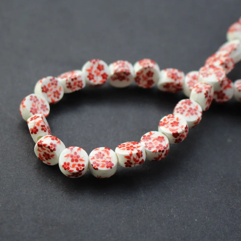 

30Pcs/Lot 8mm*5mm Ceramic Beads Round flat beads White with Red Blossom for jewelry making 3662