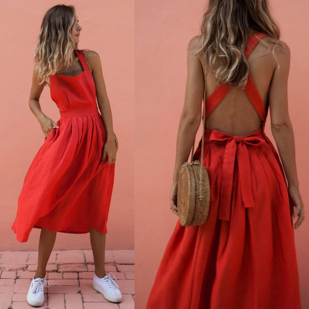 Sexy Backless Cross Strap Bow Button Party Dress 2019 Summer Women Solid Casual Elegant Sweet White Black Dresses Vestidos Festa | Женская