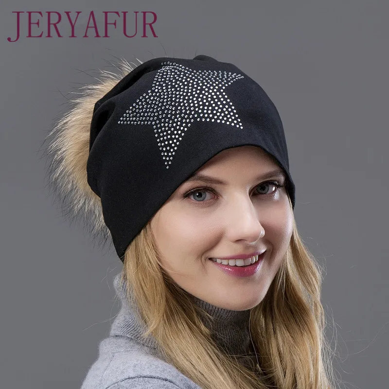 

2018 Hot Sale The spring and autumn star pattern earmuffs cap with fox fur Pompom on the top for women FASHION ATTRACTIVE STYLE