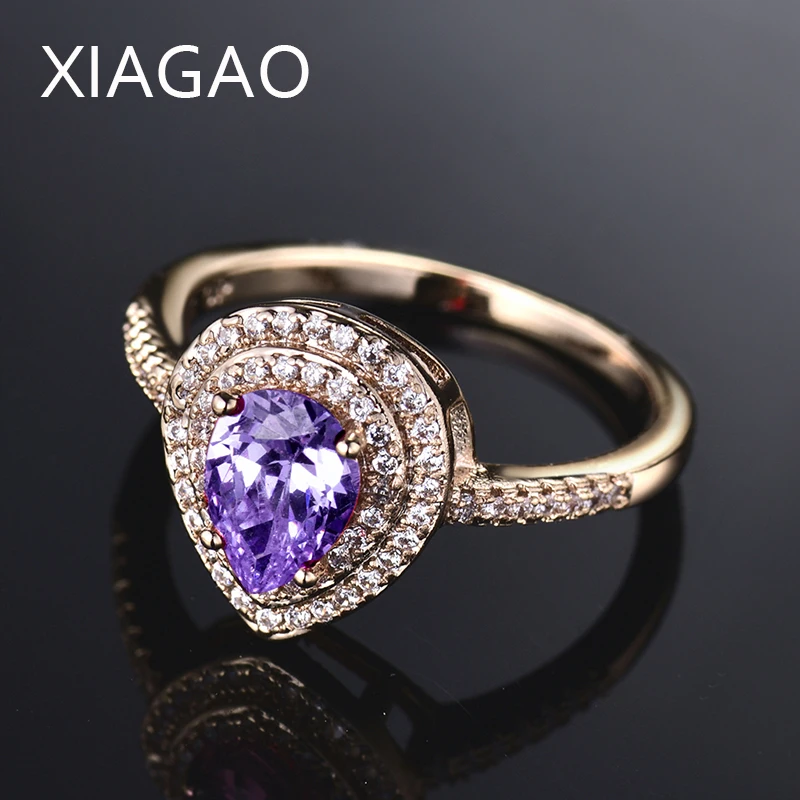

XIAGAO Fashion Water Drop Big Light Purple Crystal Gold-color Round Clear Cubic Zircon Pave Rings For Women Engagement R298