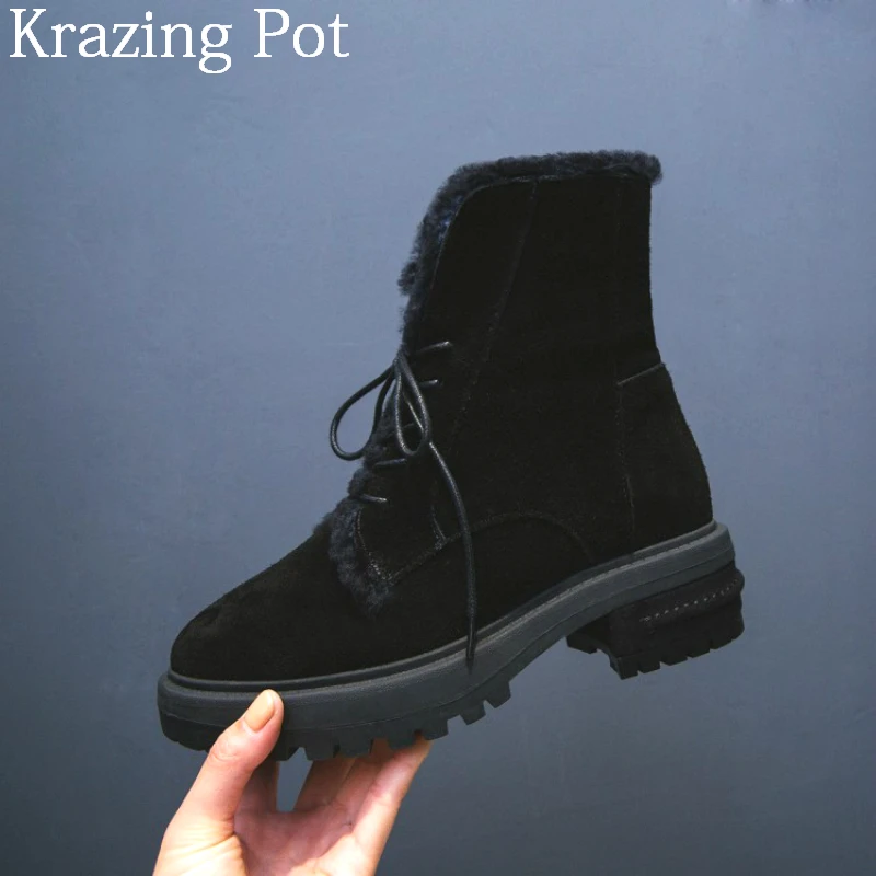 

2018 Superstar Cow Suede Wool Blend Fur Ankle Boots Lace Up Round Toe Med Heel Keep Warm Office Lady Runway Women Snow Boots L93