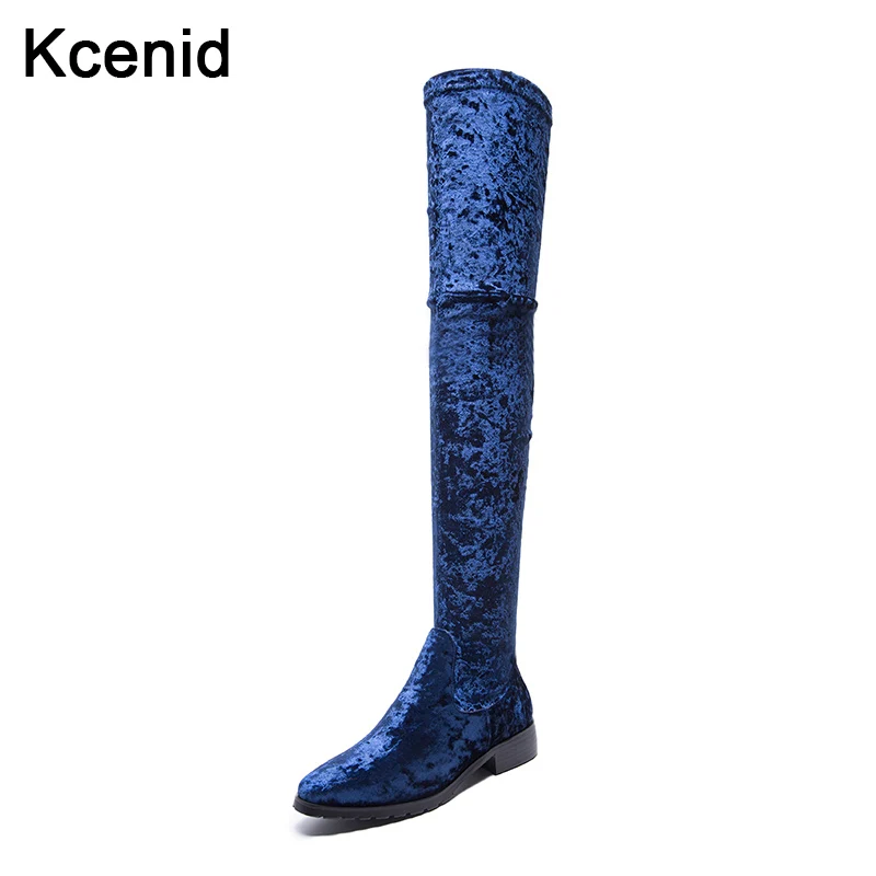 

Kcenid Autumn winter round toe low heel silver blue velvet boots for woman over the knee high stretch boots slip on long shoes