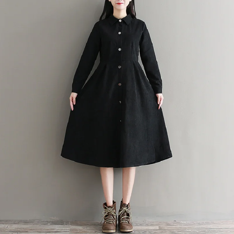 Элегантное женское миди платье-рубашка весна-осень,черного цвета,повседневное вельветовое платье,с отложным воротником и длинным рукавом - Цвет: Black