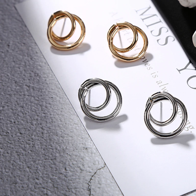 Double Circle Stud Earrings For Women Fashion Jewelry Geometric Round Earring