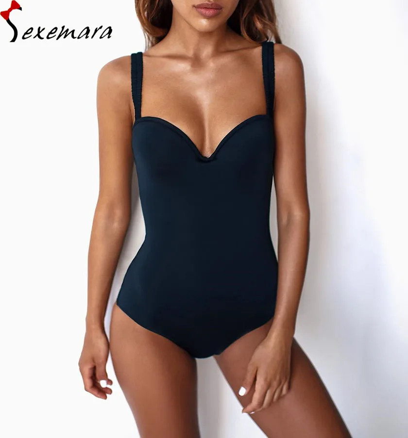 

hot sale rims push up one-piece bathing suit 2019 women solid bodysuit swimming suit swimwears maillot de bain femme red black