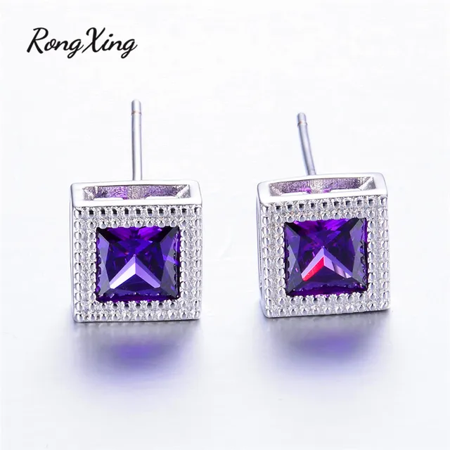 Rongxing 925 Sterling Silver Filled Square Multicolor Birthstone Rongxing 925 Sterling Silver Filled Square Multicolor Birthstone Earrings Mystic Aaa Zircon Stud For Women