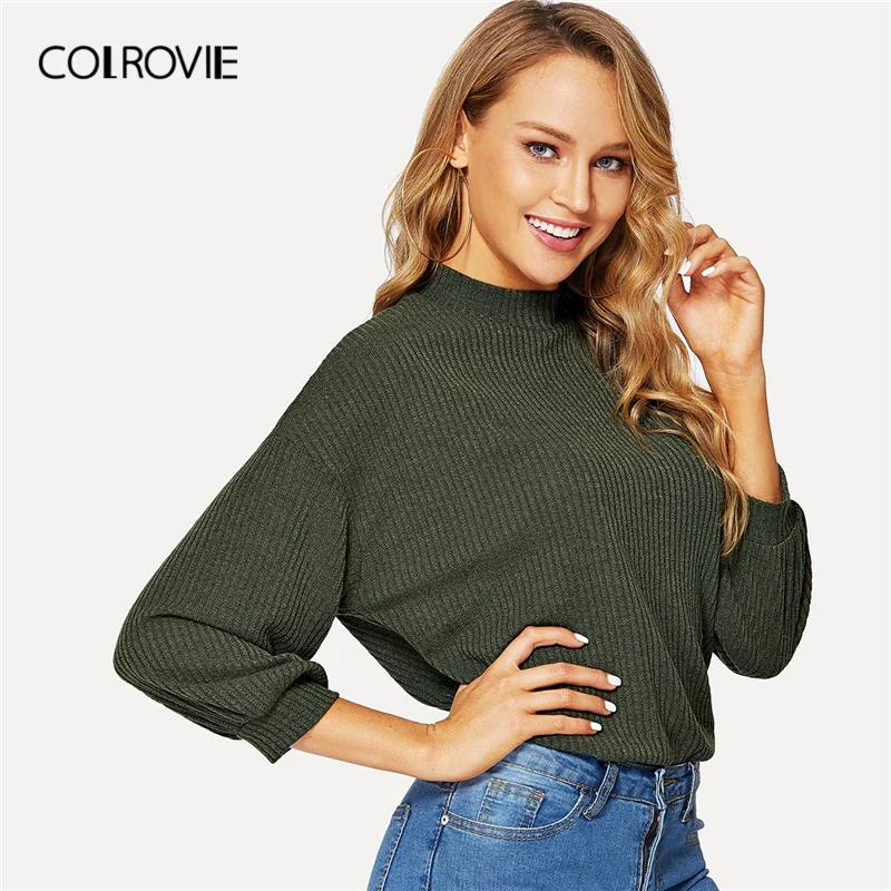COLROVIE الأخضر الصلبة الوقوف طوق محبوك أنيقة T قميص المرأة أعلى فام المحملة 2019 الربيع عارضة قمصان مكتب سيدة الملابس COLROVIE الأخضر الصلبة الوقوف طوق محبوك أنيقة T قميص المرأة أعلى فام المحملة 2019 الربيع عارضة قمصان مكتب سيدة الملابس