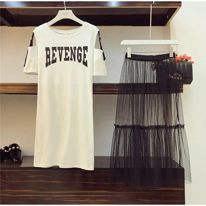 Женский комплект из 2 предметов, хлопковая длинная футболка без бретелек+ сетчатая Прозрачная Юбка, наборы для женщин, летняя юбка с поясом, костюмы