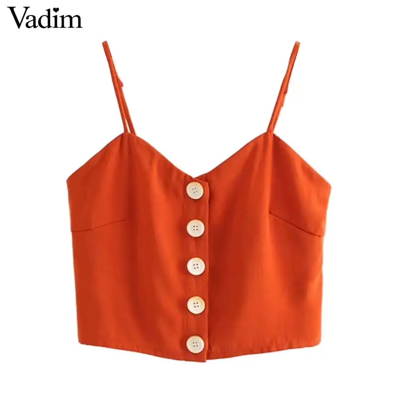 

Vadim women sexy slim crop top V neck adjustable straps sheath stretchy camis sleeveless backless short style blouse WA440