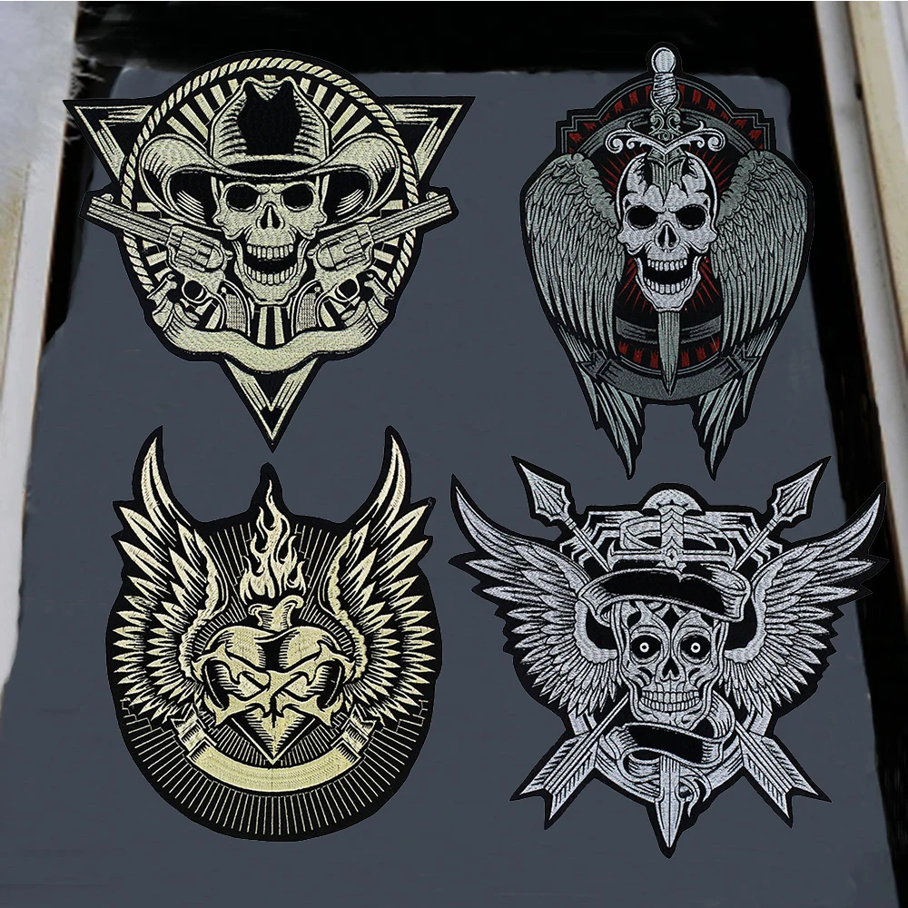 

Skull Gun Head Skeleton Arrow Sword Wing Iron Embroidered Patch for Jacket Back Badge Biker Vest Punk Garment Applique Accessory