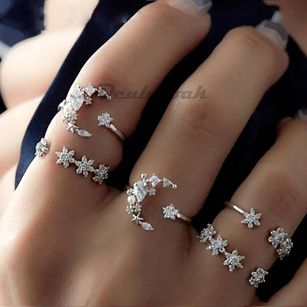 

5pcs/Set Brand Silver Color Heart Ring Set Drop of Crystal Adjustable midi Ring anillos anel Rings For Women Anillo Hombre