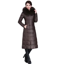 Новая зимняя куртка-пуховик Для женщин элегантный длинный тонкий парка с натуральным меховой воротник с капюшоном плюс Размеры ветрозащитный пуховик ky266