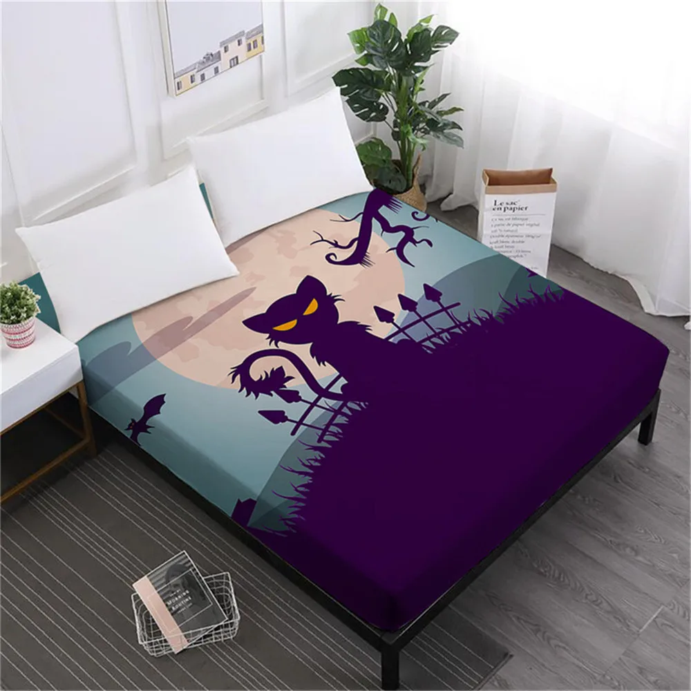 Halloween Cat Bed Sheet Cartoon Ghost Print Fitted Sheet Moon Starry