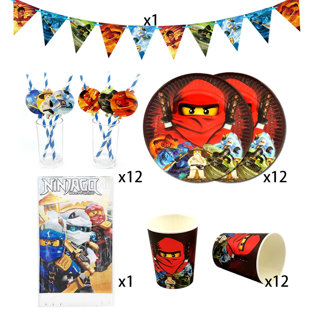 

Party supplies 38pcs for 12kids Ninja theme birthday party decoration tableware set, plate+cup+straw+flag+tablecover