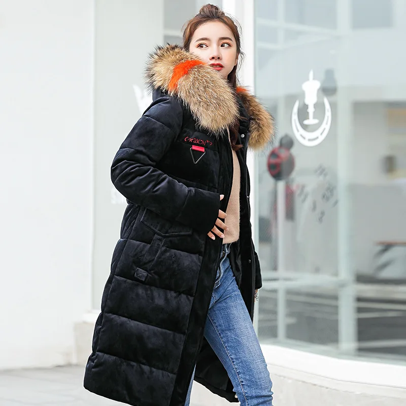 Moda color oro terciopelo tela mujer invierno ropa gruesa suelta algodón largo sección Cuello de piel Chaqueta de algodón abrigo - 5