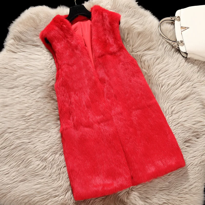Deep V neck long full pelt natural rabbit fur vests waistcoats women's autumn winter 2018 sleeveless real fur jackets and coats
