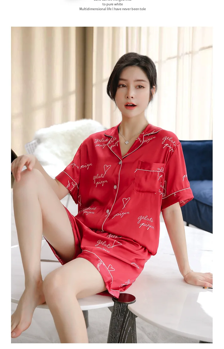 Корейский Новый женский пижамный комплект с коротким рукавом, летняя Пижама, домашняя одежда для студентов, шелковая ночная рубашка с