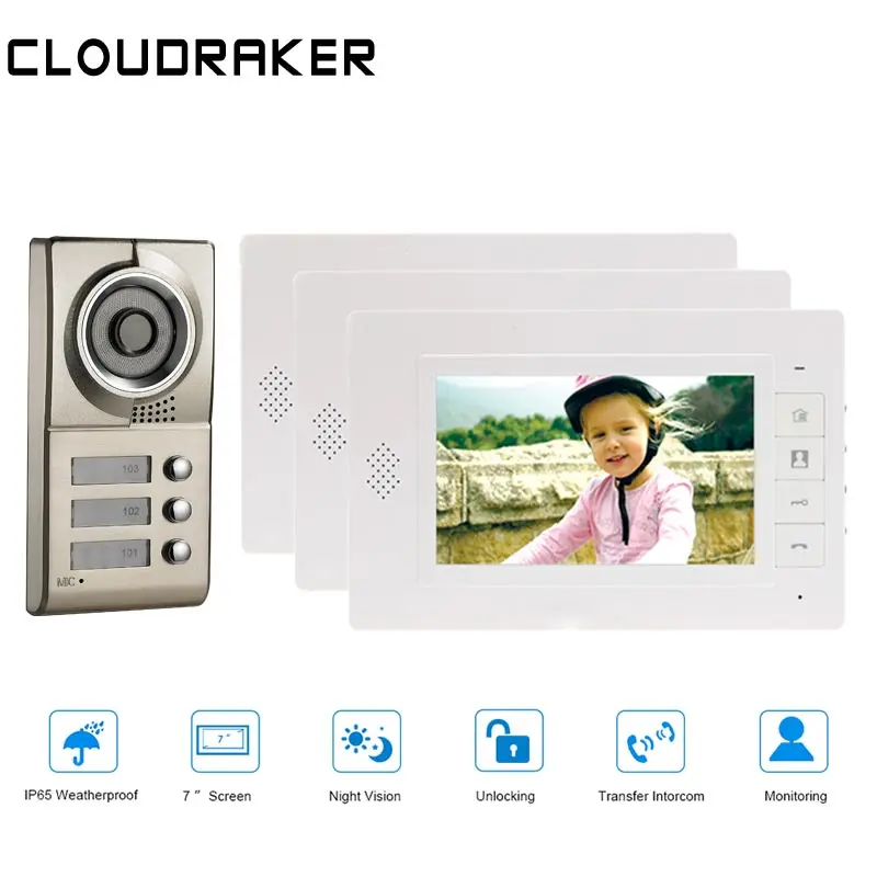 

CLOUDRAKER 7 Inch LCD Video Door Phone Intercom Doorbell 3 Monitors Two-way Access Control Home Security Camera For 3 Apartments