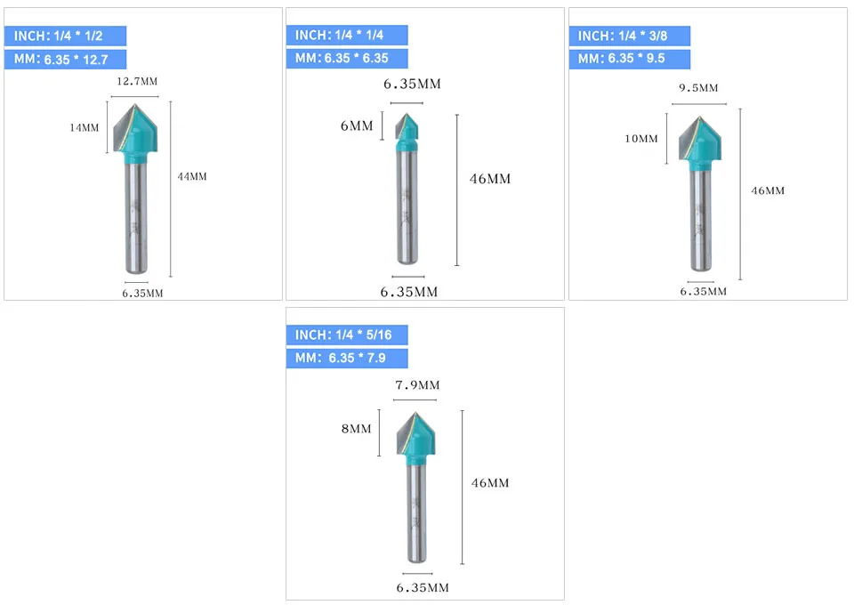 Dongcheng 1/2 "1/4" хвостовика V Тип пазов резак Вольфрам фрезы для древесины Деревообработка резьба инструмент