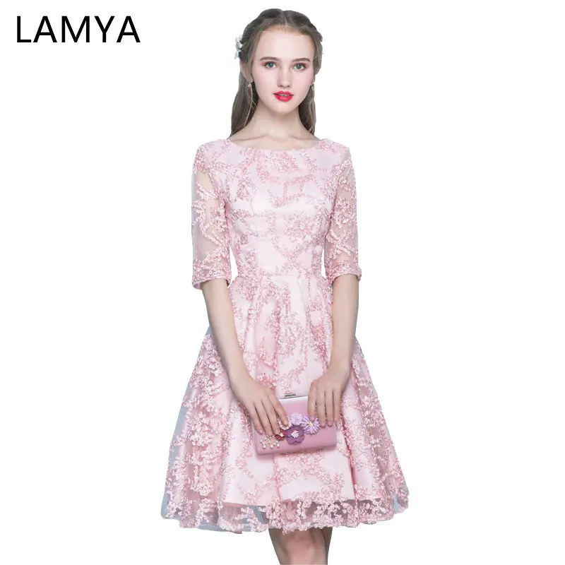 

LAMYA Pink Half Sleeve Prom Dresses 2019 Short A Line Evening Party Dress Simple Red Cheap Plus Size Gown vestidos de festa