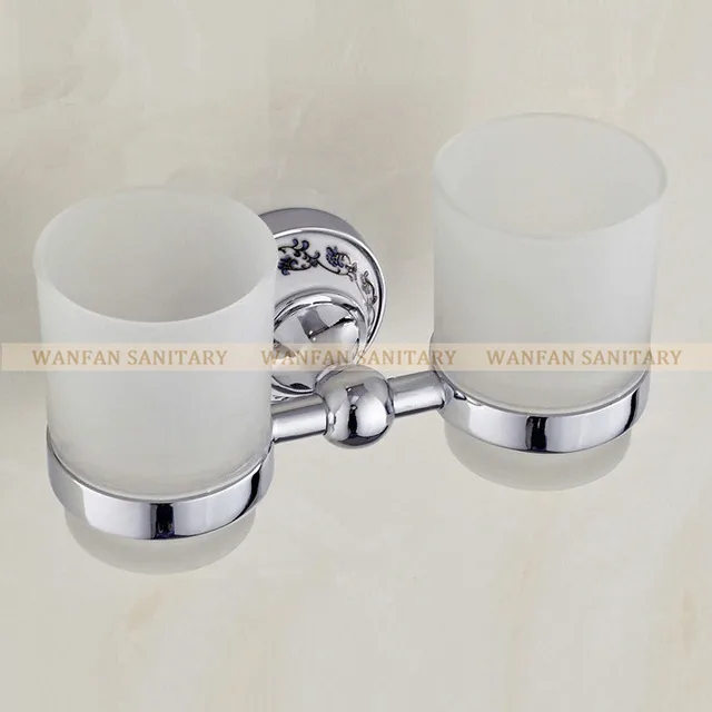 Cabilock Portavasos doble Vintage montado en la pared Cobre antiguo Cepillo de dientes elegante Estante para vasos Vasos de cerámica Soportes para el baño del hogar Hotel