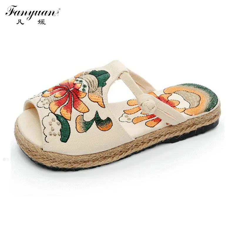 

2017 Spring/Summer Hemp Women Flats Embroidery Shoes Slip-on Peep Toe Slippers Soft Sole Florals Flats Fabric Slingback Shoes
