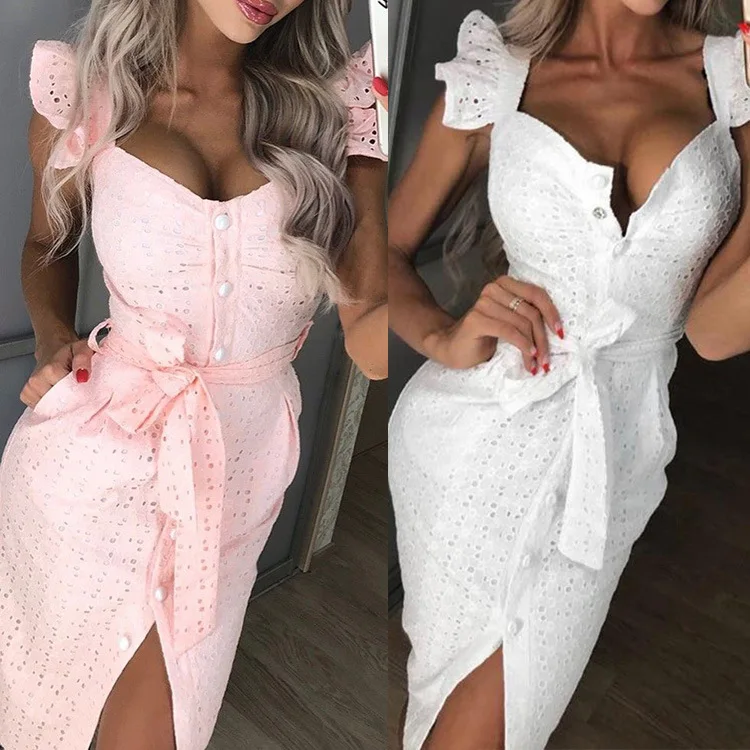 

Lace Sexy Bodycon Dress Womens Summer Solid White Dress V-neck Casual Dress With Button Vestidos Verano New Arrival