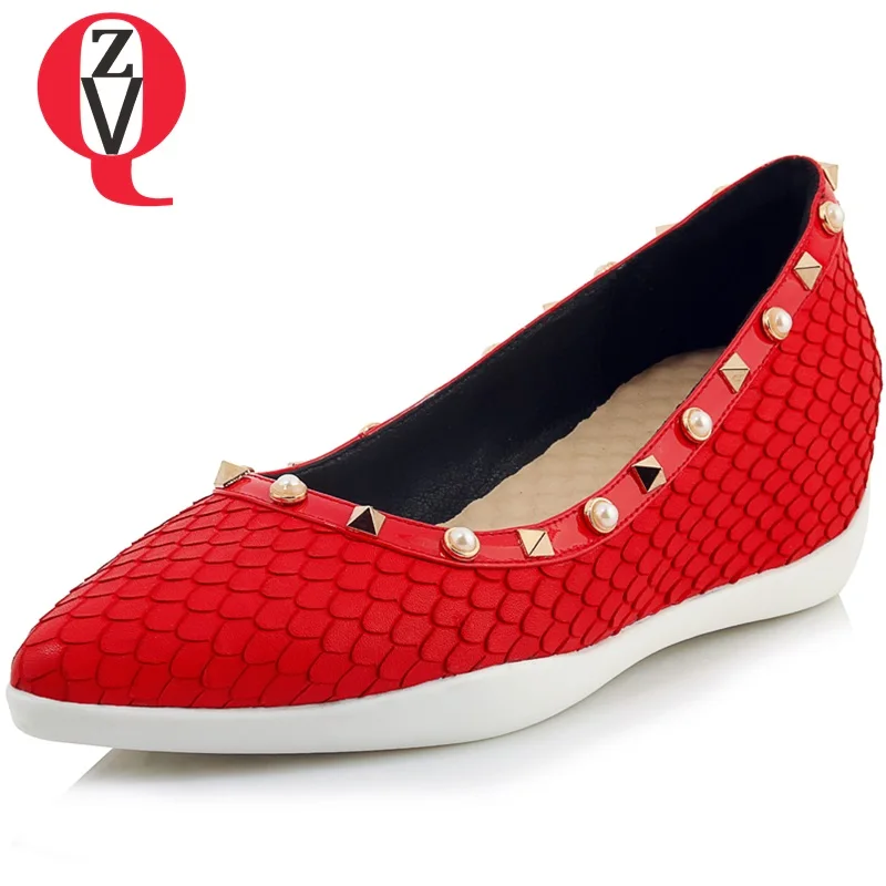 

ZVQ women heels shoes pointed toe good quality soft genuine leather pumps woman rivet wedges good quality spring summer heels