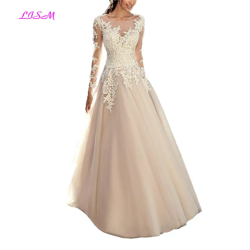 

2019 Elegant Long Sleeves Wedding Dresses Lace Appliqued A-Line Tulle Long Bridal Gowns Cheap Custom Made Wedding Party Dress