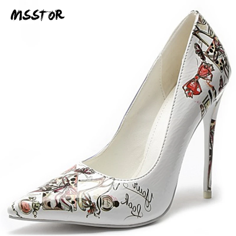 

MSStor Print Pointed Toe Super High Heels Plus Size Shallow Spring Autumn Ladies Pumps Sexy Stiletto Rubber Women Party Shoes
