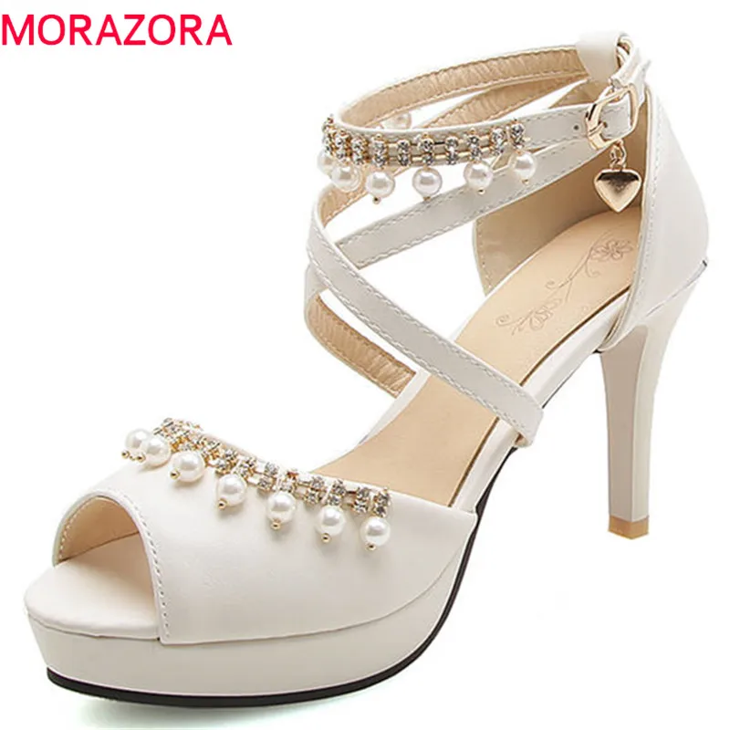 

MORAZORA 2020 hot sale women sandals peep toe sweet summer shoes pearl elegant buckle wedding shoes platform high heel shoes