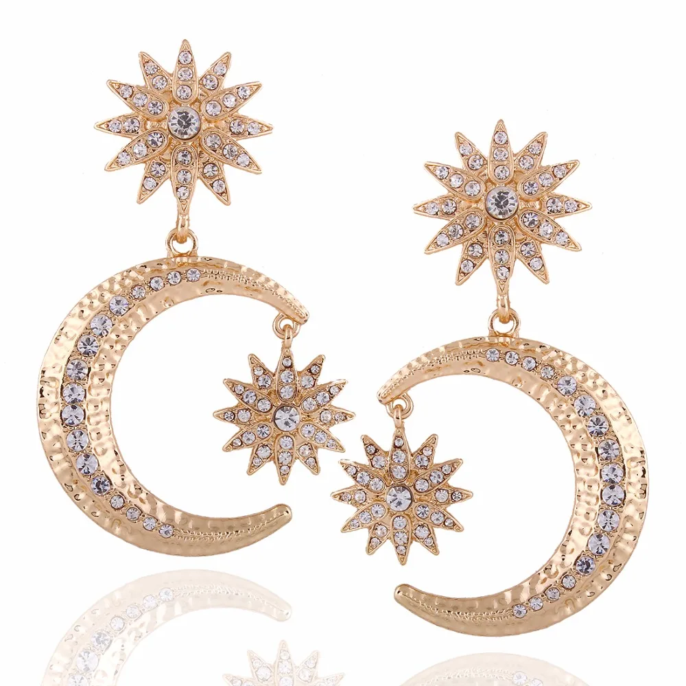 

Women's Statement Gothic Punk Gold Color Elegant Earrings Long Star Moon Earrings With Crystals For Women Wedding E0282