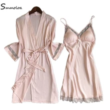 Smmoloa женский Шелковый Атласный халат элегантный кружевной халат наборы Шелковый комплект из двух предметов для женщин Новинка