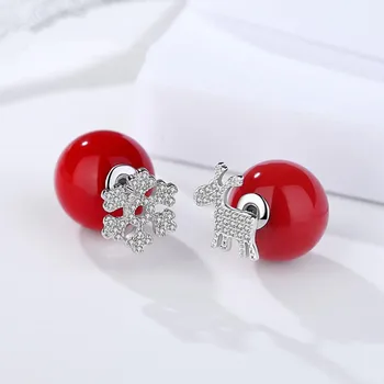 

Zircon Elk Deer Snowflake Red Pearl Earrings For Women Trend 925 Sterling Silver Christmas Jewelry Accessories Oorbellen SAE195