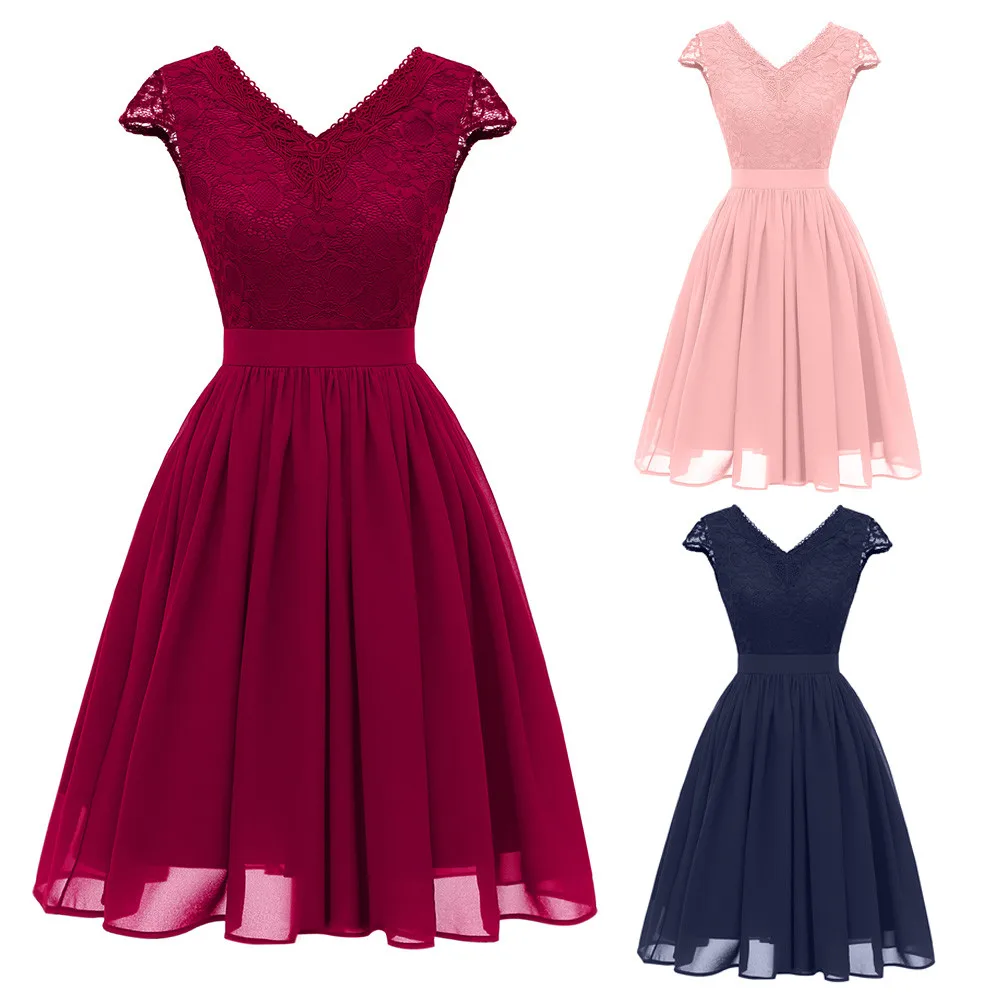 

2019 Women made of high quality materials Vintage Princess Floral Lace Cocktail Neckline Party Aline Swing Dress 30