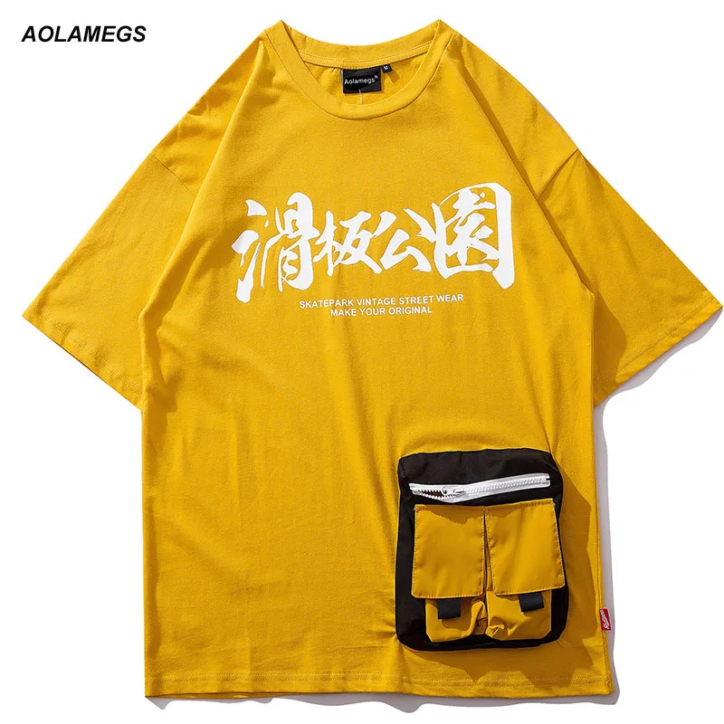 

Aolamegs Men T Shirt Chinese Big Pocket Men's Tee Shirts O-neck T Shirt Fashion Hip Hop High Street Tees Streetwear Summer